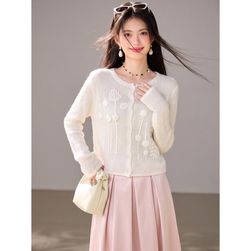 Women's Light Pink 3D Crochet Loose Knit Cardigan - Soft Knitwear for Autumn 2026