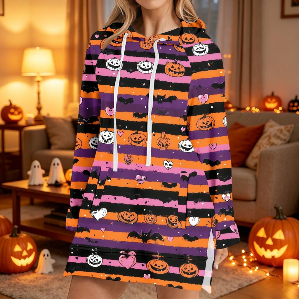 Women's Casual Long Sleeve Halloween Print Hoodie Pullover Top for Fall Festive Wear
