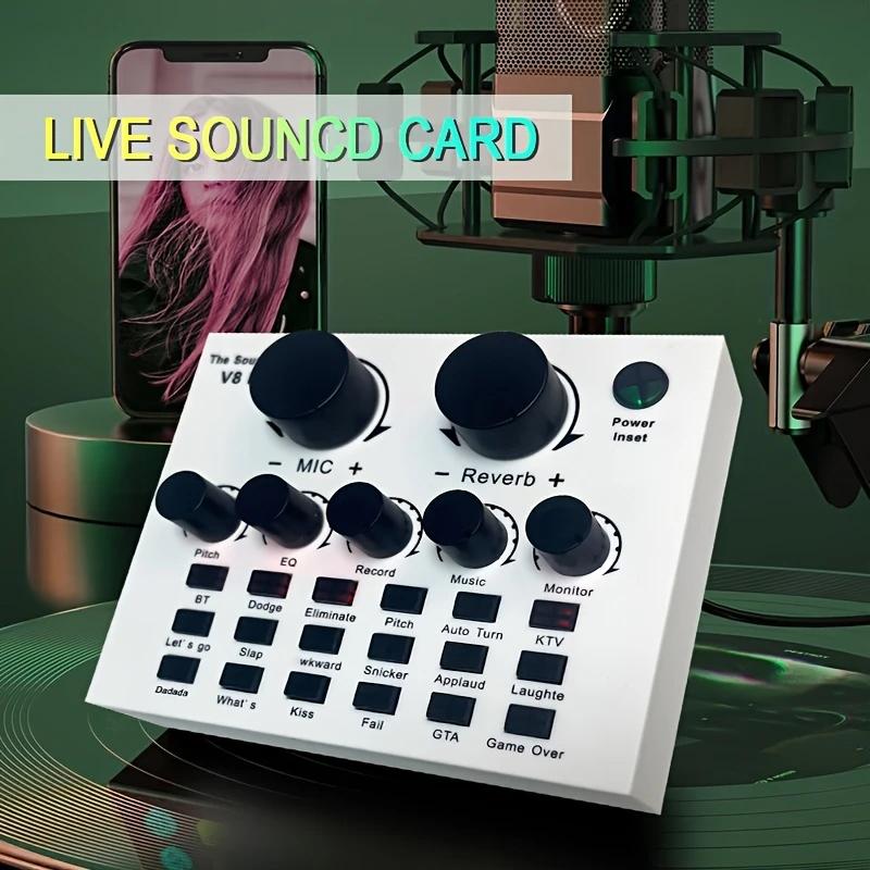 כרטיס קול V8 לשידור חי KTV, כרטיס קול כפול לטלפון נייד, מתאים לטלפון נייד, מחשב, כרטיס קול חיצוני (לבן שחור)