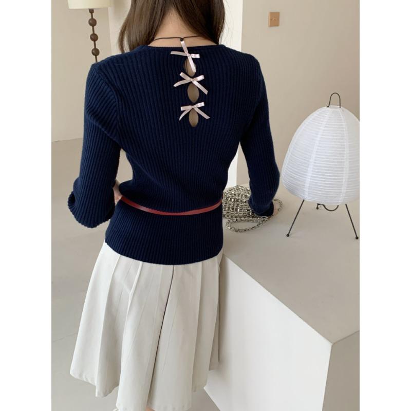 Crew neck back bow design sense knitted bottoming shirt autumn and winter new slim and thin sweater inner women