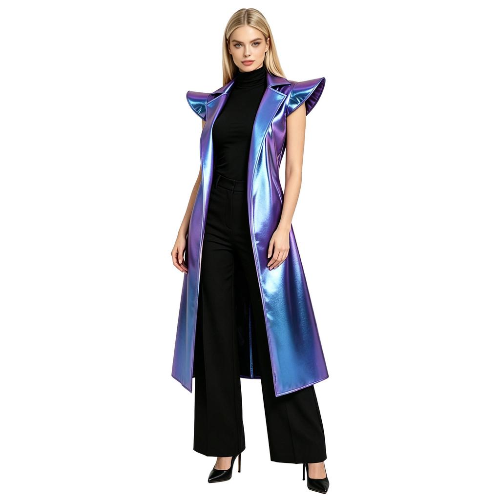 Damen Metallic Glänzend Ärmellos Trenchcoat Revers Offene Front Mit Gürtel Lange Jacke
