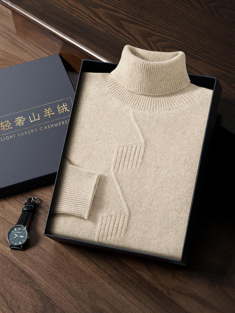 Suéter Masculino de Cashmere de Gola Alta com Fio Duplo - Grosso, Manga Longa, Tamanho Grande, Tricô de Cor Pura
