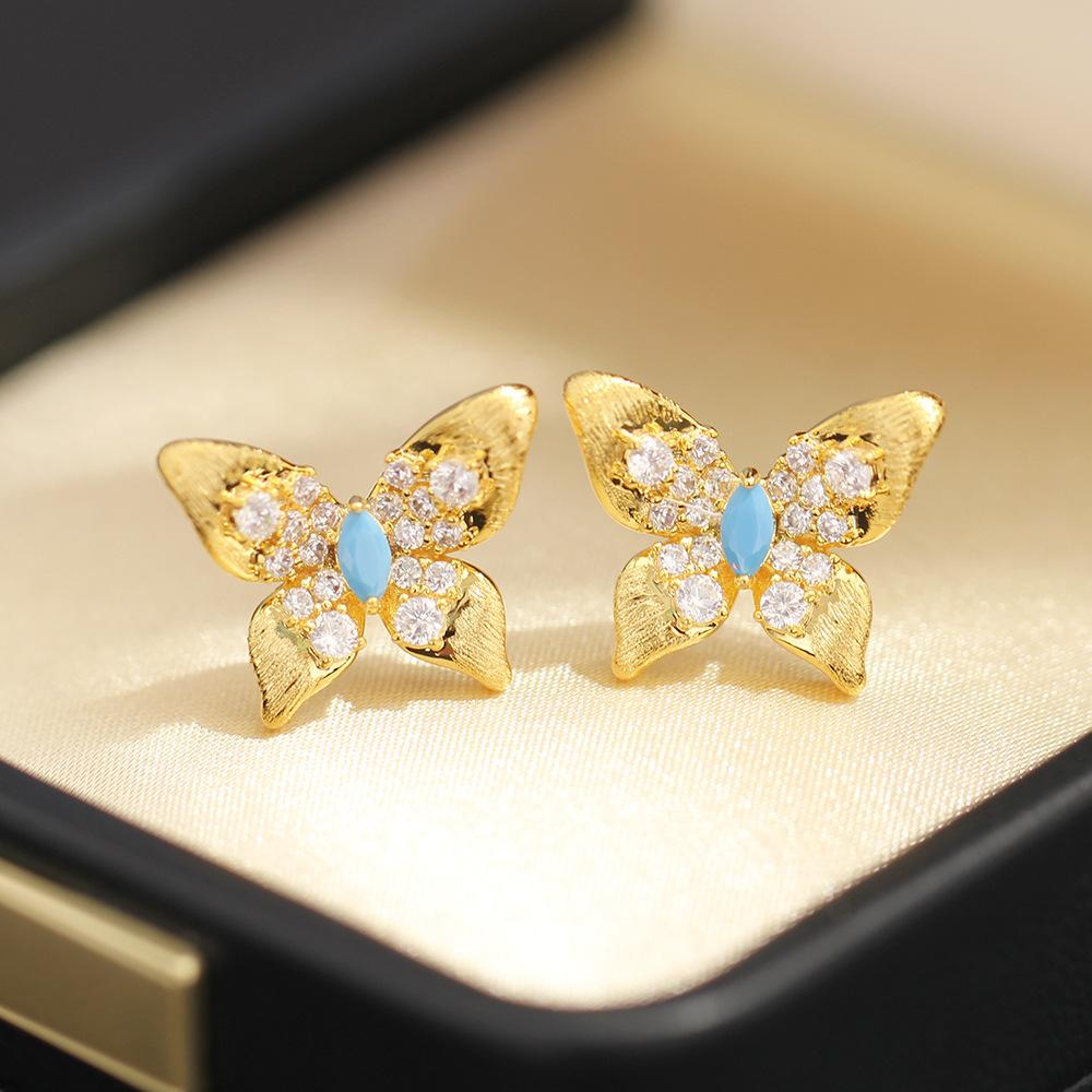 New exquisite diamond-encrusted blue butterfly earrings gold and silver brushed craft stud earrings 925 silver needle women's earrings