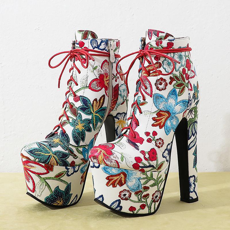 Fashion Flower Ankle Boots Women Platform Autumn Winter Short Boot Lace-up Sexy Ultra Heels Fetish Party Shoes Large Size 46