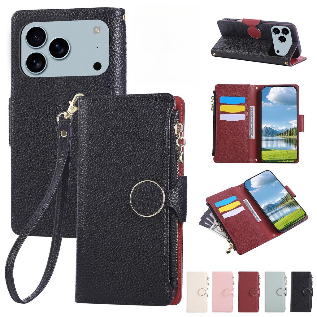 Phone Case for iPhone 17 Pro Max Air 16E 16 Pro 15 Plus 14 13 Mini 12 11 Circular Buckle Leather Card Holder Wallet Soft Cover
