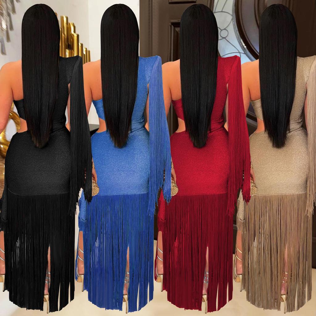 C7428 European and American Women's Fashion One-Shoulder Tassel Long Dress