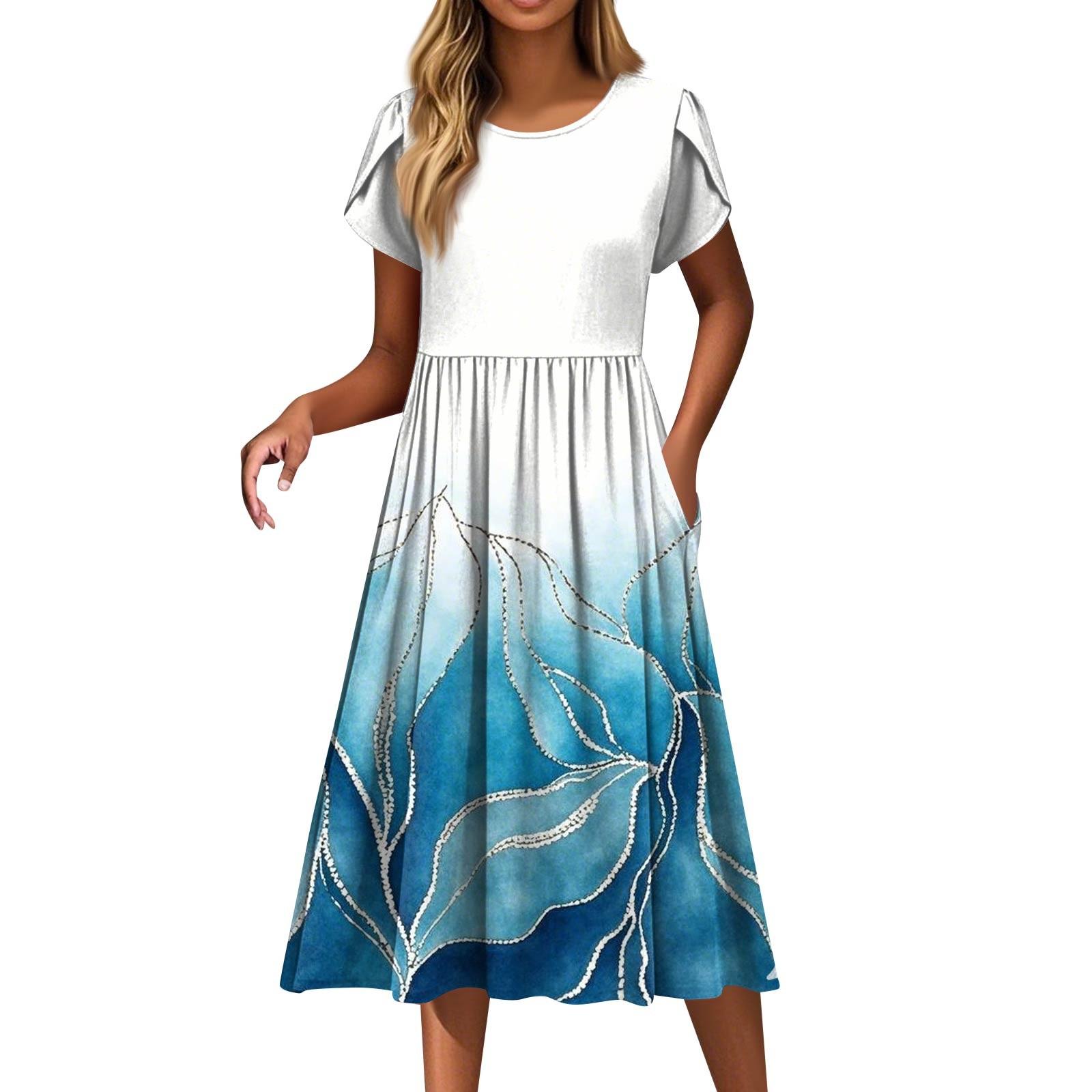 

Женские платья Винтажные цветочные платья с круглым вырезом и коротким рукавом XL небесно-голубой