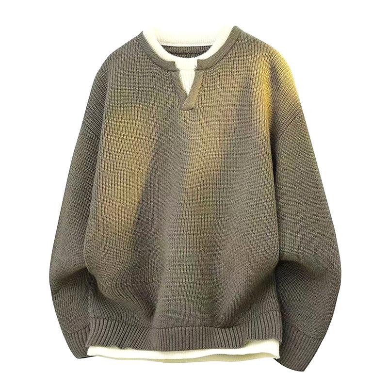 

Men s Hot Selling Autumn Winter Two-Piece Look Knit Sweater, Lazy Style Pullover, Youth Loose Base Layer L [110-130 lbs]