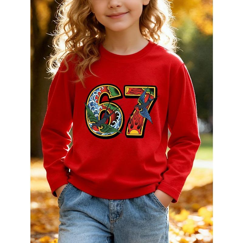 Unisex Kids White Long Sleeve Tee For 4-12 Boys Girls Traditional Old School Tattoo Style Number 67 Swallow Wave Fire Vintage Print Long Sleeve Top