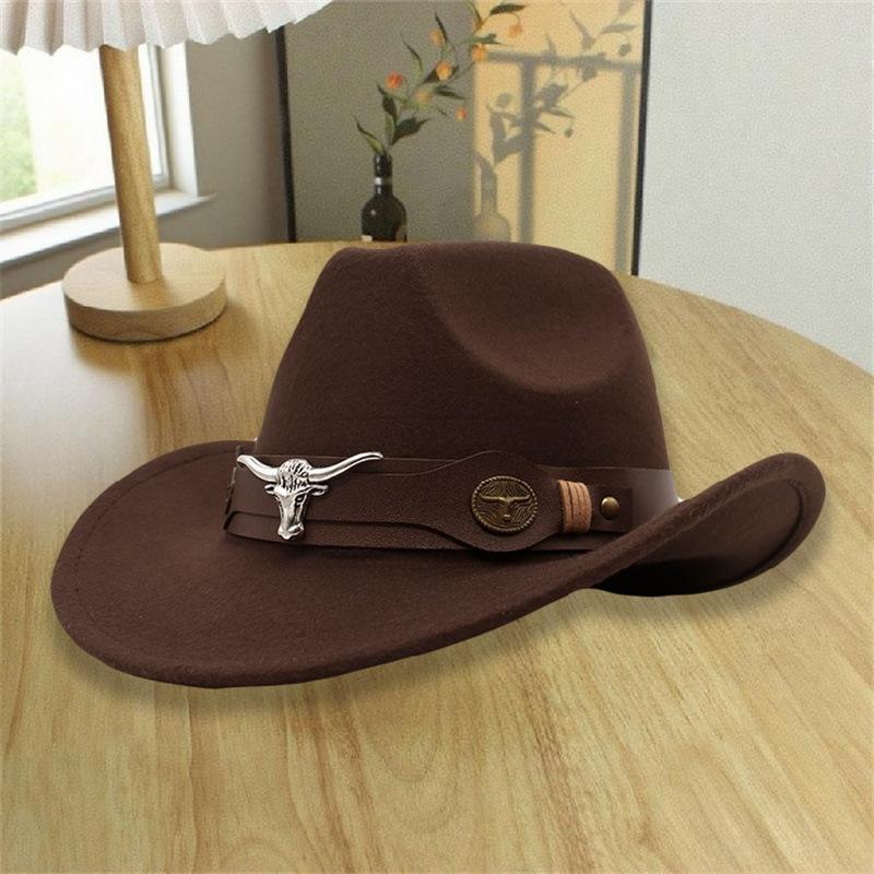 Spring and summer new retro cow head belt crimped woolen cowboy hat children's ethnic style outdoor grassland sunshade top hat
