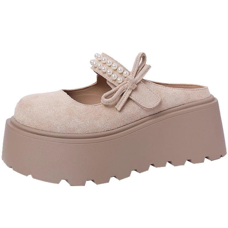 Retro niedlich Schleife Perle dicker Boden erhöhend Mary Jane Hausschuhe Damen Frühling neu rutschfest Muffin Bag Head Mop