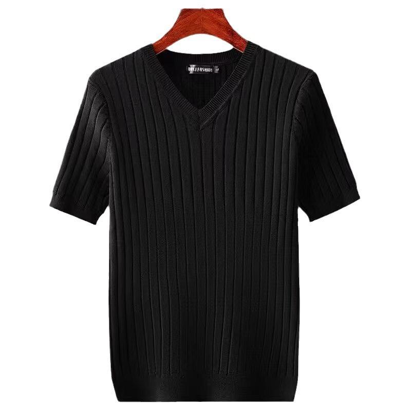 Men's V-Neck Slim Fit Ice Silk Knitted T-Shirt - Five-Sleeve, Versatile Summer Fashion Top