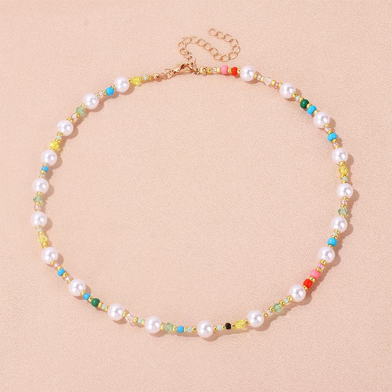 Bohemian ethnic style colored pearl necklace, retro fashion temperament choker beaded collarbone chain