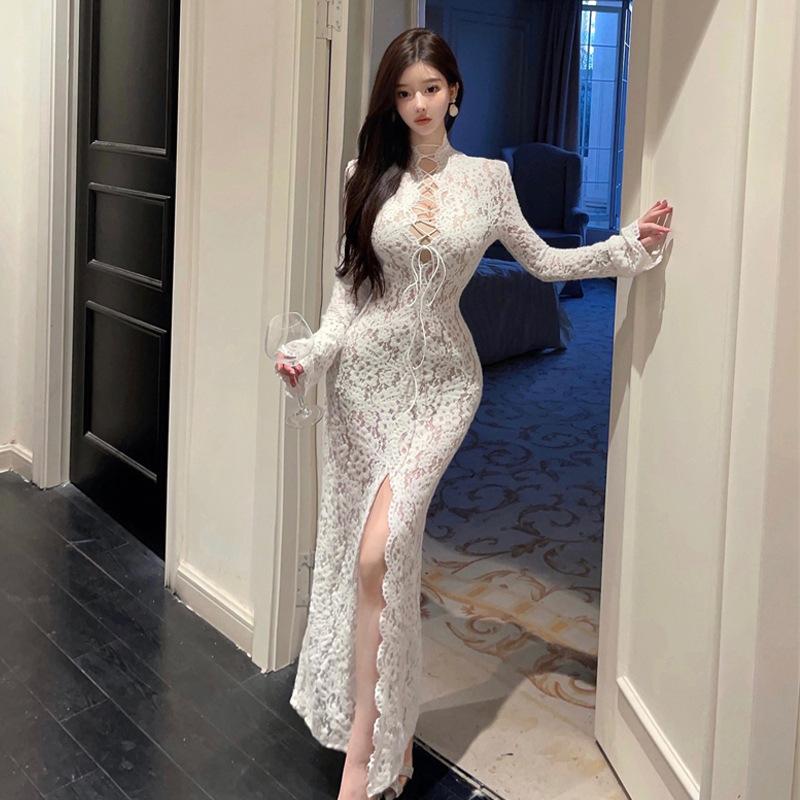 2025 New Sexy Celebrity Lace Hollow Strap Split Dress Dress