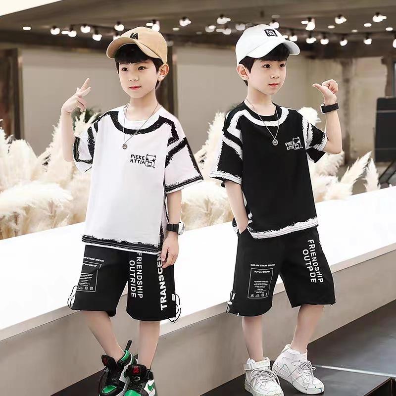 Summer Sports Set Casual Boys Cotton Contrast Alphabet Graffiti T-Shirt Top+Shorts Pant Set School Kids Tracksuit Child Two Piece Set