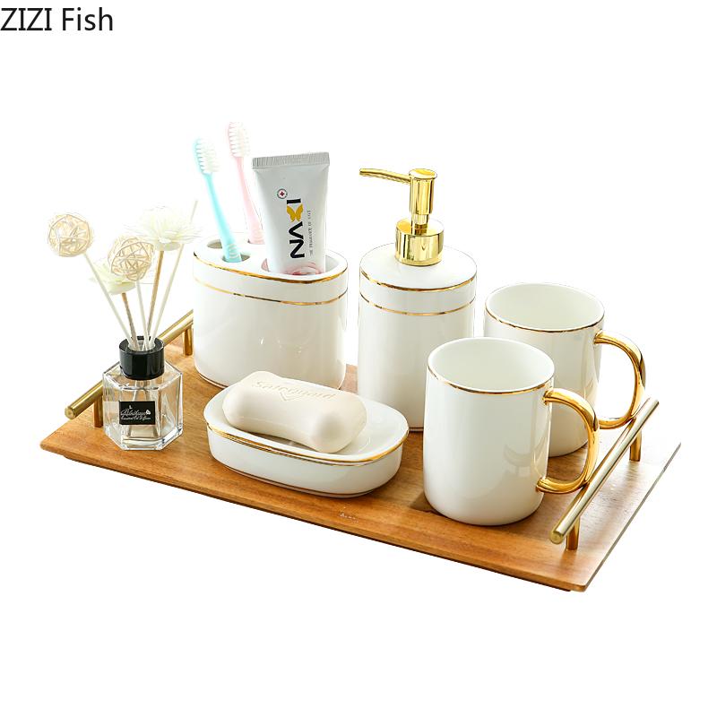 Bathroom Set with Tray Golden Stripes Ceramic Shower Gel Bottle Hand Washing Fluid Bottle Soap Dishes Mouthwash Cup Toiletries