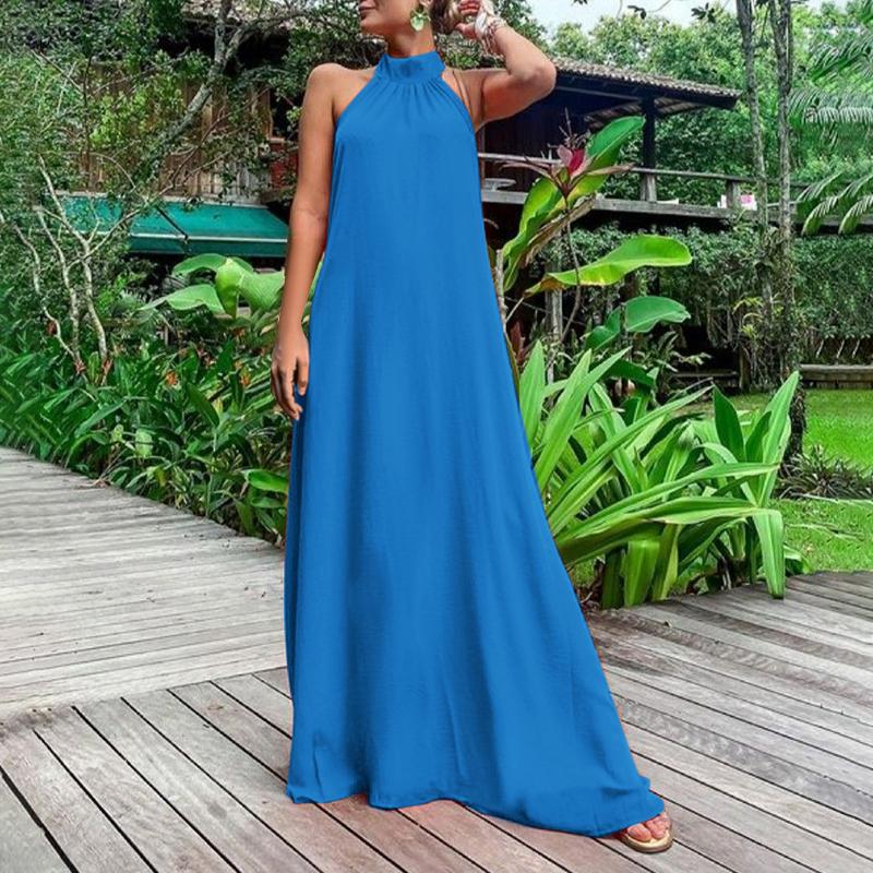 

VONDA Summer Women Bohemia Sleeveless Solid Color Casual Beach Loose Maxi Dress 4XL синий