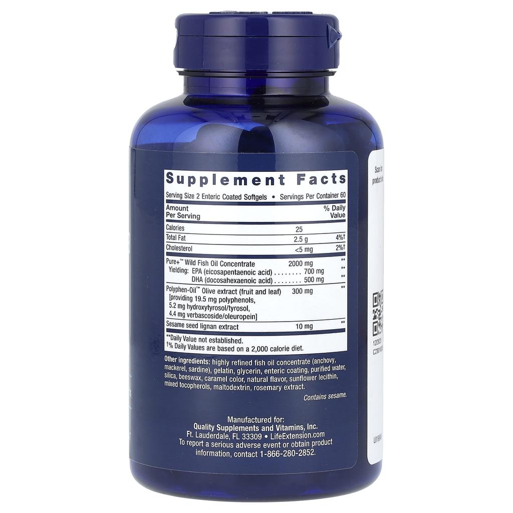 Life Extension, Super Omega 3, EPA/DHA fish oil, enteric coated softgels 120 tablets