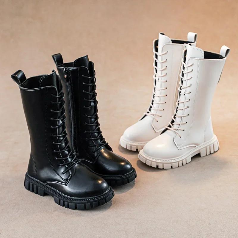 Autumn Winter Cool Baby Girls Warm Square Heel Round Toe Casual Lace-Up Comfortable Kids Black Mid Boots