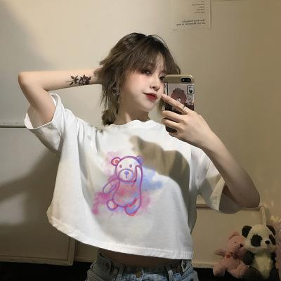 Summer Korean Version of the New Loose Short Fun Bear Print Playful Navel Short-sleeved T-shirt Top Women Ins