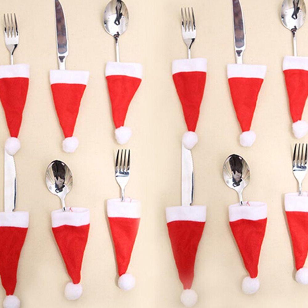 Party Decor Red Santa Hat Tableware Holder Silverware Cutlery Bag Christmas Hat Spoon Fork Bags