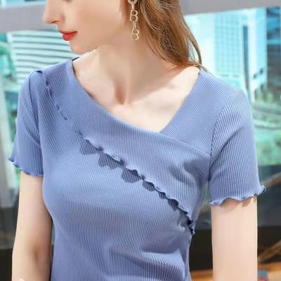 High-end Modal Garen T-shirt voor Dames Nieuw Zomer Dames T-shirt met Korte Mouwen V-hals Houten Oor Top voor Dames