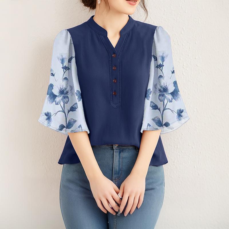 

ZANZEA Women Casual V-Neck Splice 3/4 Sleeve Loose Blouse 4XL темно-синього кольору