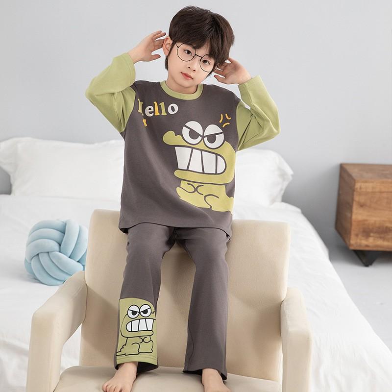 Boys Long Sleeve Cotton Pajamas Set Cartoon Print Sleepwear Kids Teens Home Outfit Fall