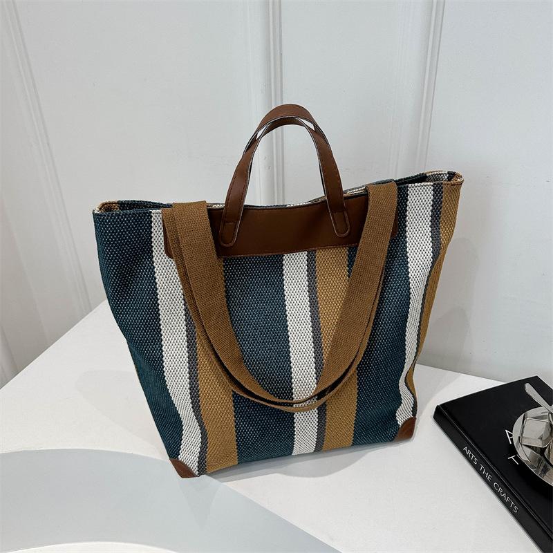 Contrasting Color Striped Tote Bag Women's Winter New Commute Large Capacity Casual Versatile Personalized Shoulder Bag