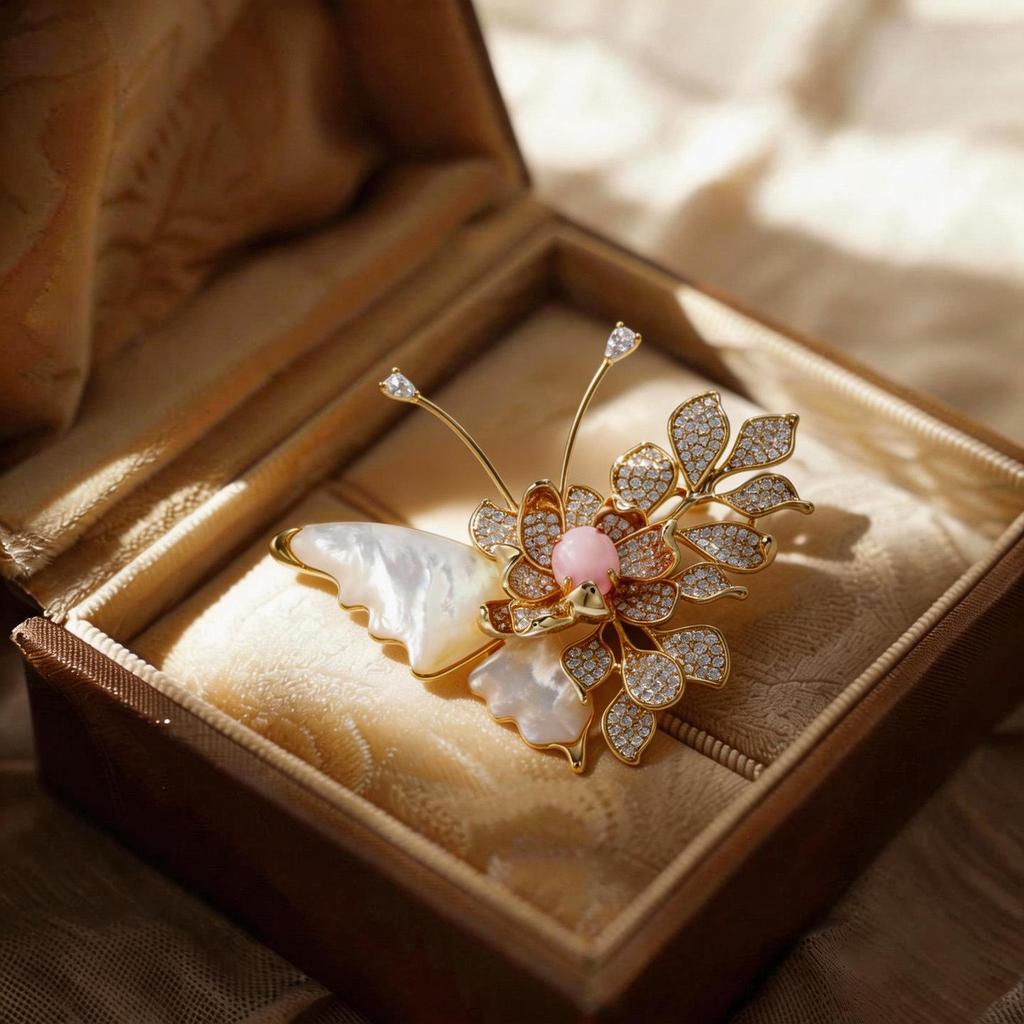 Bo Xin Yun Natural Shell Butterfly Brooch: High-End Copper with Cubic Zirconia