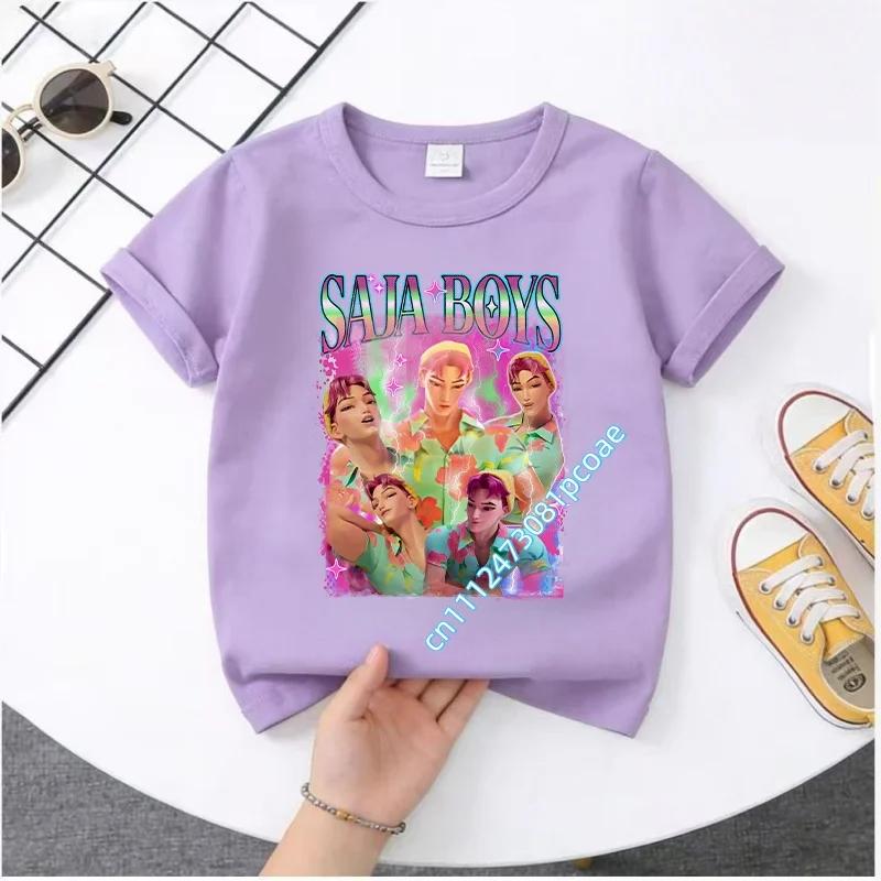 Summer Movie Soft Polyester KPop Demon Hunters Girl's T-Shirt Anime SAJA BOYS Short-sleeved Shirt Fashion Tee Parent-child Outfit
