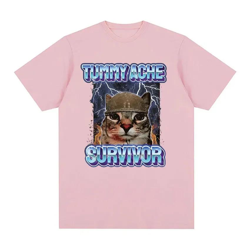 Vintage Tummy Ache Survivor Funny Cat Meme Tee Shirt Unisex Unisex Clothing Fashion Short Sleeve Tshirt Casual Pure Cotton T Shirts