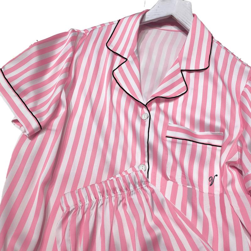 Women's Summer Pink Stripe Ice Silk Short Sleeve Pajama Set for Indoors and Outdoors