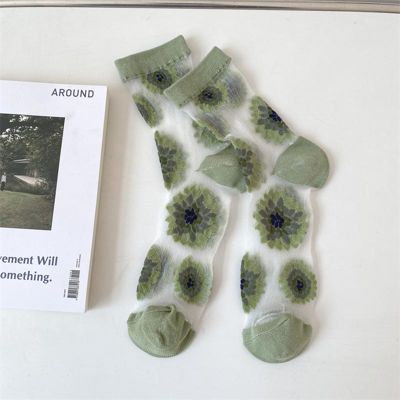 Crystal Silk Socks Women Summer Ultra-thin Transparent Nylon Long Socks Floral Embroidery Japanese Kawaii Cute Mesh Lace Socks