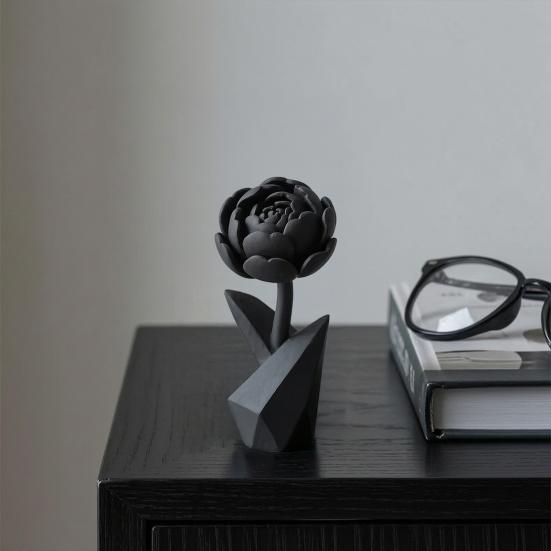 3D Printed Flower Figurine, Small Black Peony Tabletop Ornament for Office Executive Desk, Living Room, Bedroom Shelf Decor