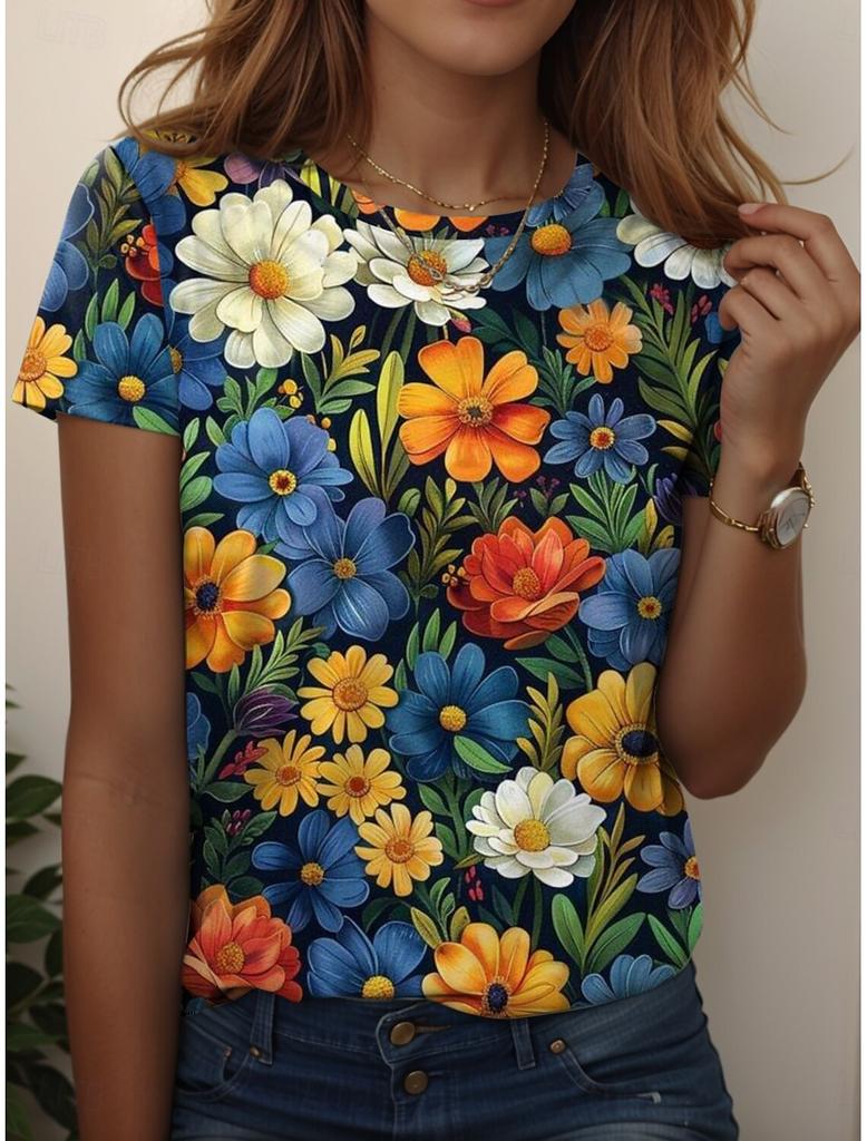 Women's T Shirt Floral Graphic Plants Vintage Stylish Classic Short Sleeve Crew Neck Regular Tops  Vacation Wear Print Summer