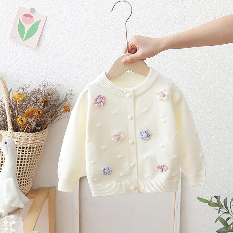 

Новый свитер для девочек, кардиган, весна-осень, детский верхний вязаный шерстяной топ, детское пальто с цветочным принтом 80cm слоновая кость