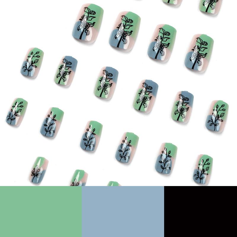 Nail Piece Blue-green Contrasting Color Hand-painted Leaves Flower Nail Piece Manicure Press On Nails