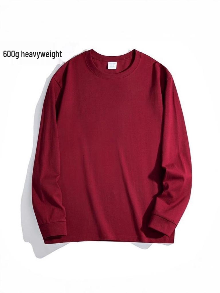 600G Heavyweight Men's Loose Fit Pure Cotton Long Sleeve T-Shirt - Small Neckline, High Gram Weight, Autumn/Winter.