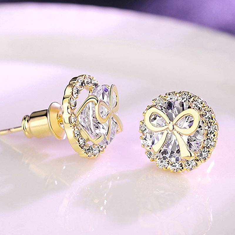 

Huitan Aesthetic Women Stud Earrings Bowknot Design Lady Party Wedding Elegant Accessories Gold Color Fashion Chic Zircon Gift