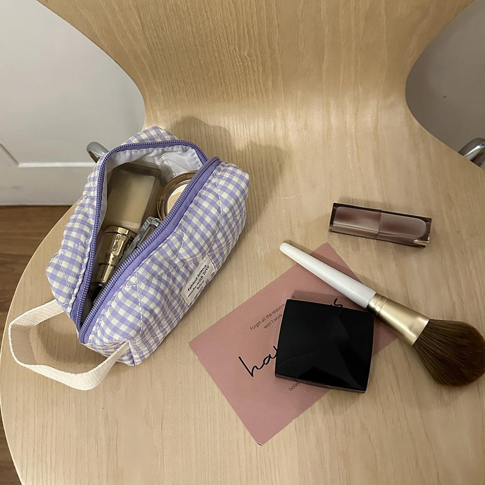 Women Checkered Makeup Bag Fashion Sweet Cotton Makeup Brushes Storage Bag Soft Fabric Organizer Pouch Cute Travel Toiletry Bag