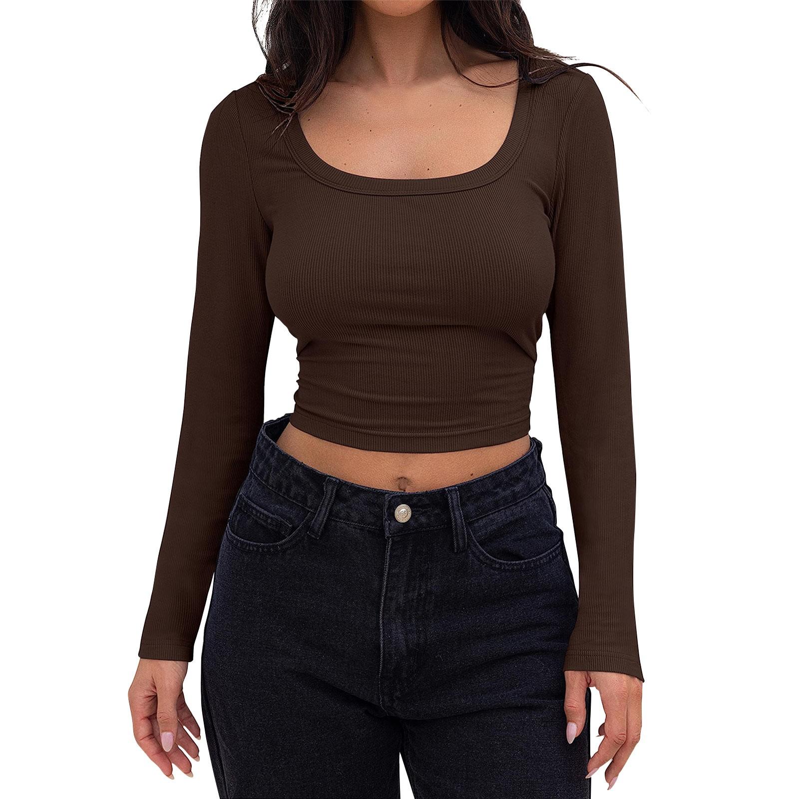 

Women s Fashion Loose-Fit Round Neck Solid Color Long-Sleeve Top L кавовий