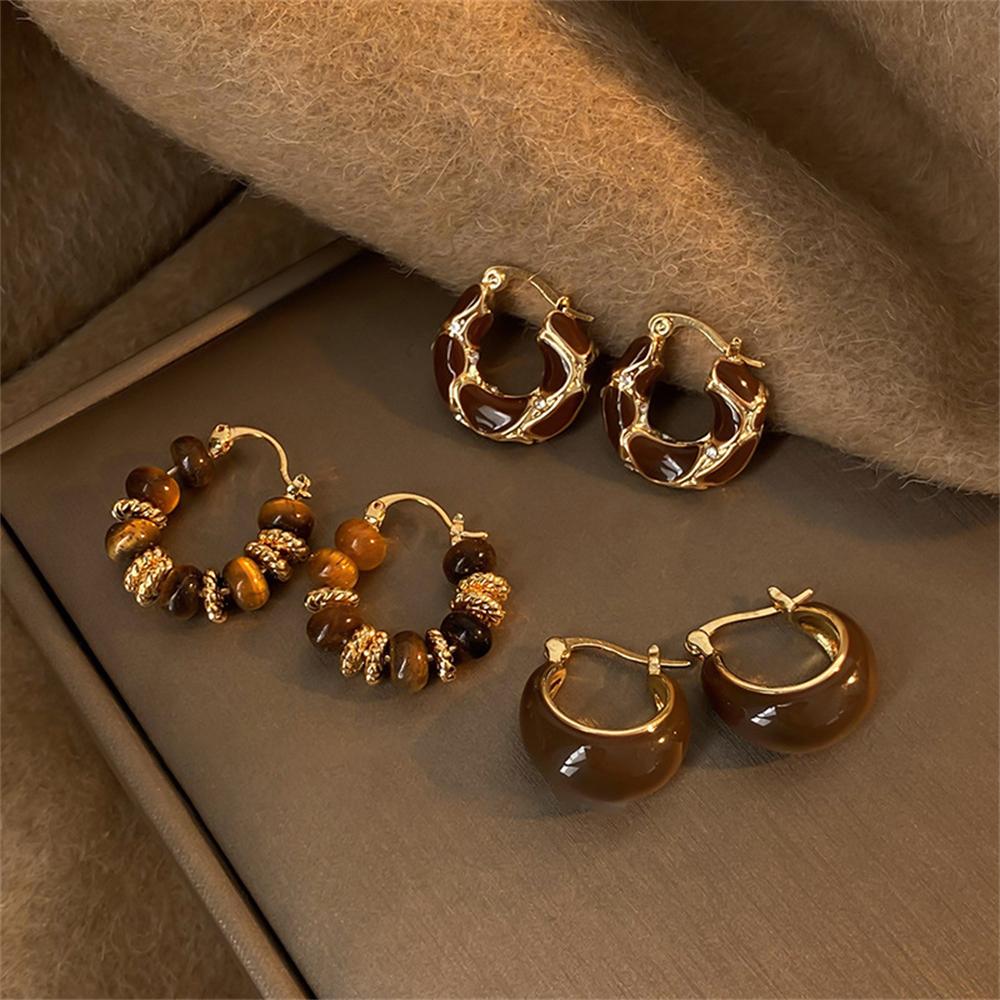 Women Korean Brown U-shaped Hoop Earrings Vintage Simple Tortoiseshell Color Dripping Oil Tiny Ear Studs Daily Exquisite Jewelry