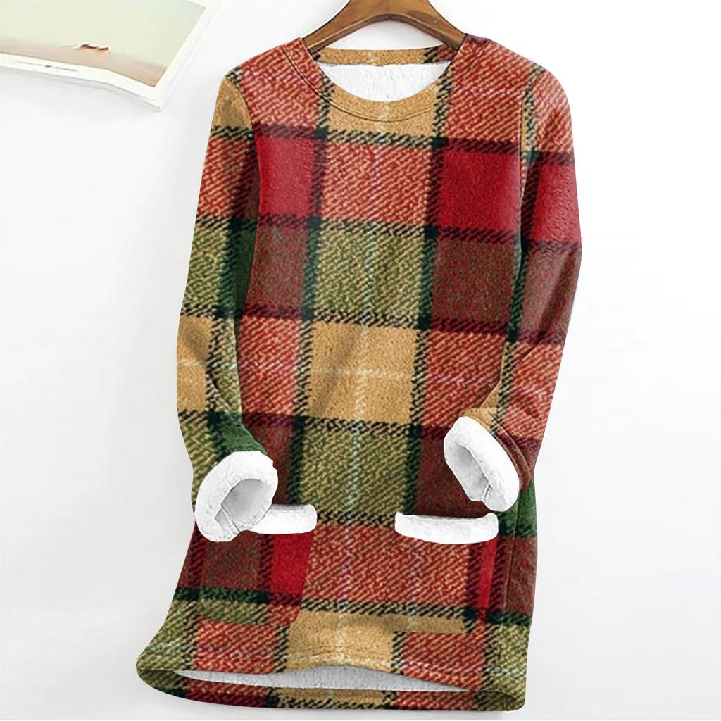 Women's Fashion Plaid Print Round Neck Long Sleeve Plush Winter Warm Pullover Top