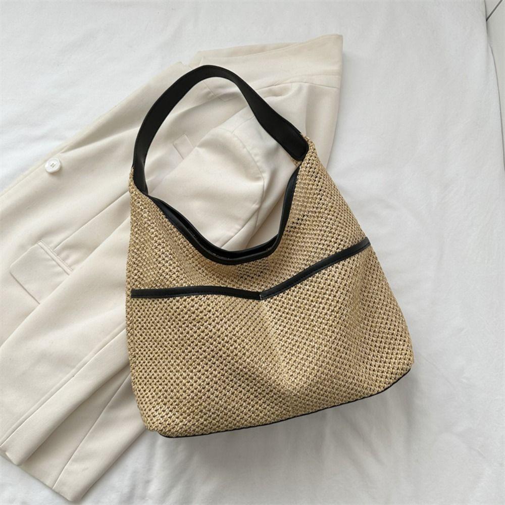 with Pocket Woven Handbag Khaki Underarm Tote Bag Trendy Straw Shoulder Bag  Shopping чёрный