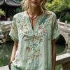 Damen Hemd V-Ausschnitt Kurzarm Einfarbig Lockerer Schnitt Pullover Oberteile Stickerei Blumenmuster Sommer Oberteile Tägliche Kleidung
