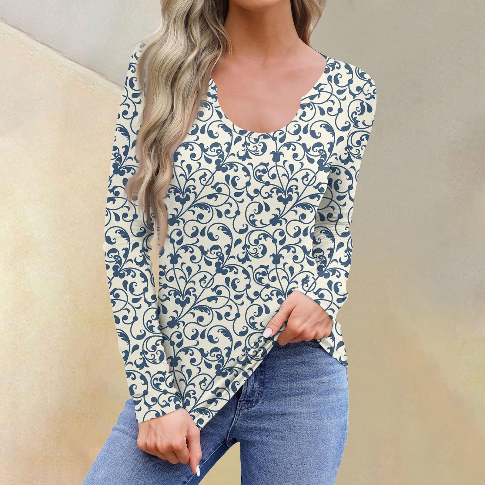 

Жіноча повсякденна мода комфортна довгими рукавами сорочка U-подібним вирізом квітковий принт футболка топи XL