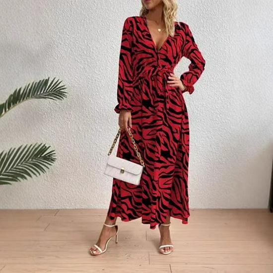 Zebra Print V-Neck Midi Dress - Elegant, Waist-Hugging, Long Sleeve, Autumn Fashion