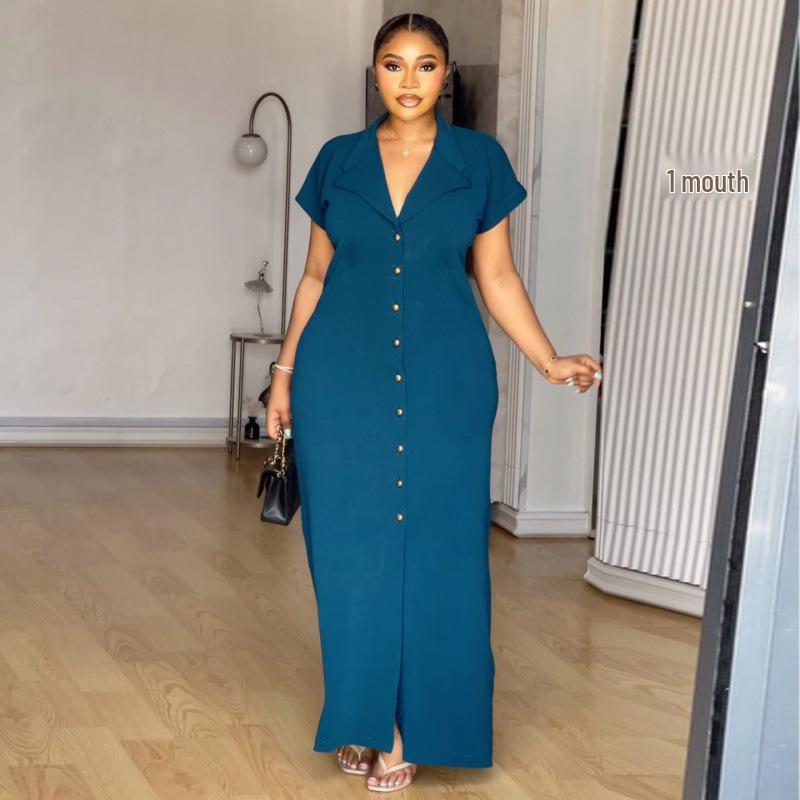 2026 Spring Elegant Women s Solid Color Long Suit Collar Dress XL темно-синий