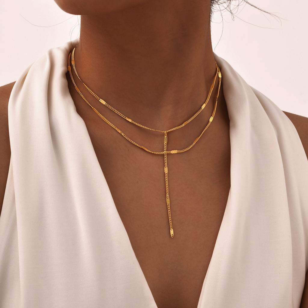 Stainless Steel Y-shaped Tassel Necklace for Women,Gold Color Double-layer Chain Necklace Waterproof Jewelry Gift